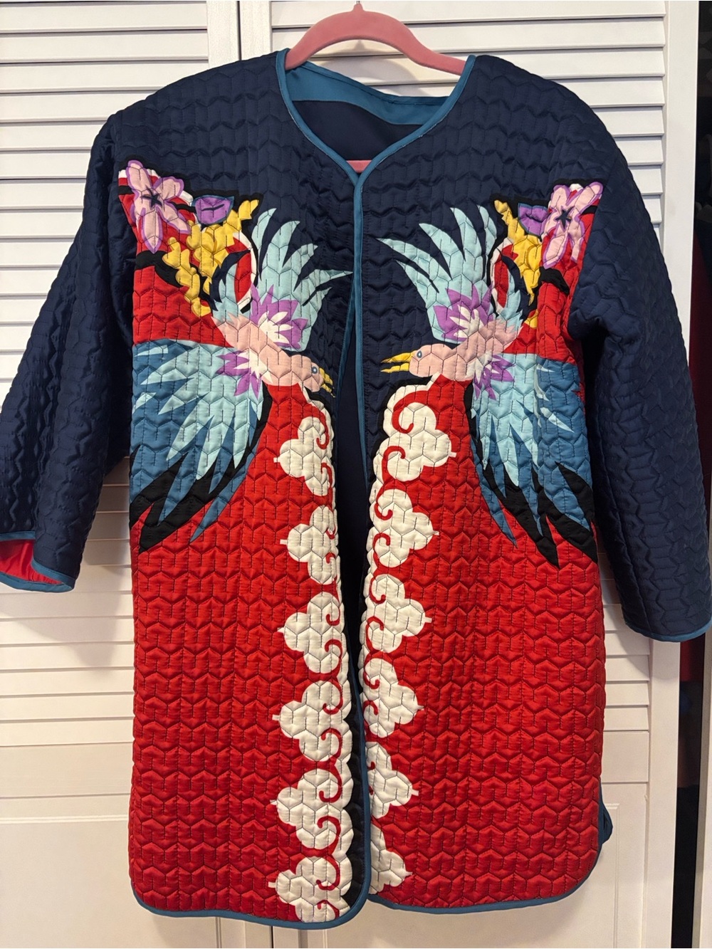 Embroidered Quilted Red & Navy Bird Motif Puffer Coat